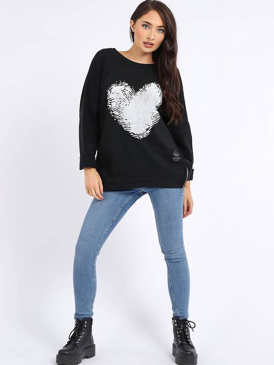 Fingerprint Cotton Heart Sweater Black